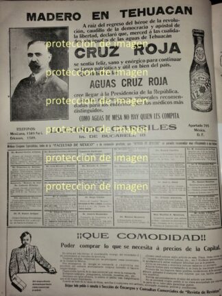 AFICHE ANTIGUO 1911 AGUA MINERAL CRUZ ROJA Y FRANCISCO I MADERO Y OTROS