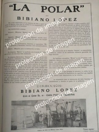 CARTEL ANTIGUO, EMBOTELLADORA Y REFRESCOS LA POLAR PERU 1936, DE VIVIANO LOPEZ, /empresas