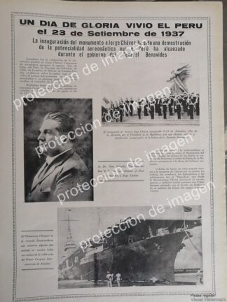 AFICHE ANTIGUO DE PERU, INAUGURAN MONUMENTO A JORGE CHAVEZ. 1937