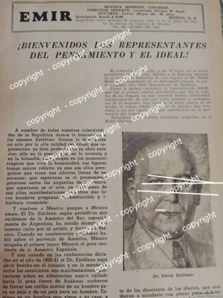 HOJA DE PRENSA ANTIGUA 1941- DR. HABIB ESTEFANO LLEGA A MEXICO / MEDICOS