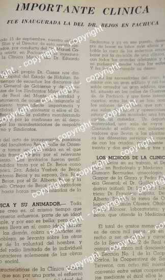 HOJA DE PRENSA ANTIGUA. ADUARDO BEJOS INAUGURA CLINICA MINERA. PACHUCA 1941 /HOSPITALES