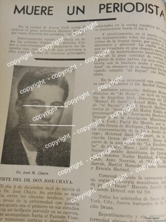 AFICHE ANTIGUO. MUERE EL PERIODISTA JOSE CHAYA SAAB 1941 /PERIODISTAS