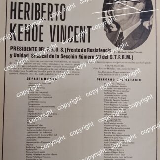 AFICHE RETRO. FELICITAN A HERIBERTO KEHOE VINCENT 1972 /SINDICATOS - POLITICOS