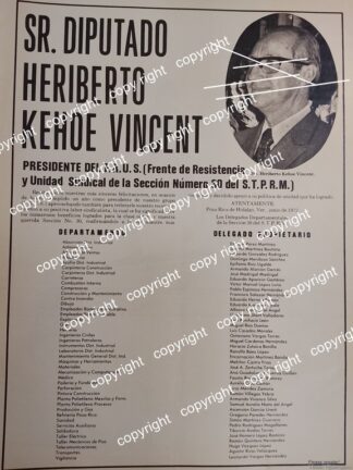 AFICHE RETRO. FELICITAN A HERIBERTO KEHOE VINCENT 1972 /SINDICATOS - POLITICOS