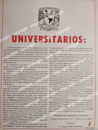 AFICHE RETRO. AFICHE POLITICO UNAM. GUILLERMO SOBERON 1977