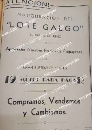 AFICHE DE PUBLICIDAD ANTIGUA. INAUGURAN LOTE DE AUTOS GALGO 1942 / RARISIMO