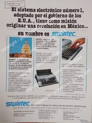 AFICHE PUBLICITARIO RETRO. MAQUINAS DE ESCRIBIR SWINTEC 8016 /1991 /OLDWARE
