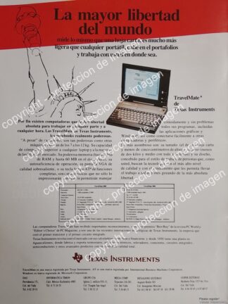 AFICHE DE PUBLICIDAD RETRO. LAPTOP TEXAS INSTRUMENTS TRAVEL MATE 1991 /OLDWARE