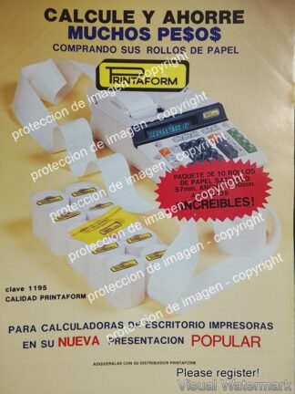 CARTEL PUBLICIDAD RETRO. CALCULADORAS PRINTAFORM 1989