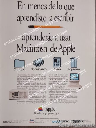 CARTEL PUBLICIDAD RETRO. COMPUTADORAS APPLE MACINTOSH 1991 GENETEC/ OLDWARE