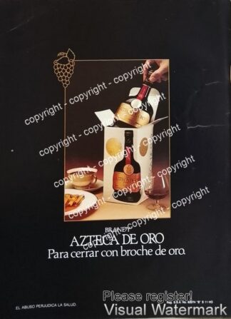 Cartel publicitario retro genuino Brandy Azteca de oro 1988
