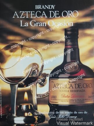Cartel publicitario retro genuino Brandy Azteca de oro