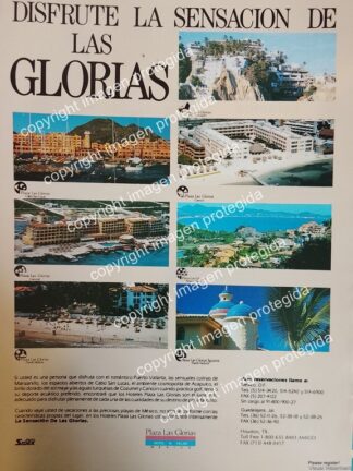 AFICHE PUBLICITARIO RETRO. HOTELES PLAZA LAS GLORIAS, GRUPO SIDEK S.A. VARIOS ESTADOS 1990s