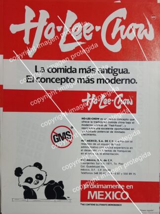 PUBLICIDAD RETRO. ANUNCIAN APERTURA DE RESTAURANTE CHINO HO LEE CHOW 1990 HLC MEXICO