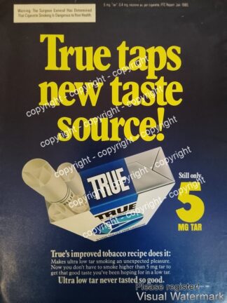 Cartel de publicidad retro CIGARROS TRUE 1980