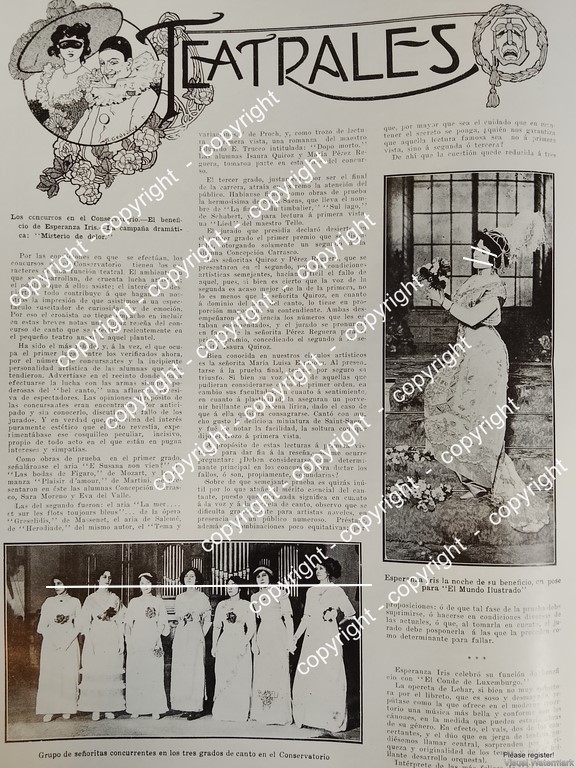 AFICHE ANTIGUO. ESPERANZA IRIS CONSERVATORIO NACIONAL 1912 ARTISTAS