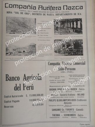PUBLICIDAD ANTIGUA DE PERU, CIA MINERA NAZCA, MINA SOL DE ORO 1936