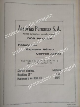 AFICHE ANTIGUO, AEROVIAS PERUANAS S.A 1936 / AVIACION