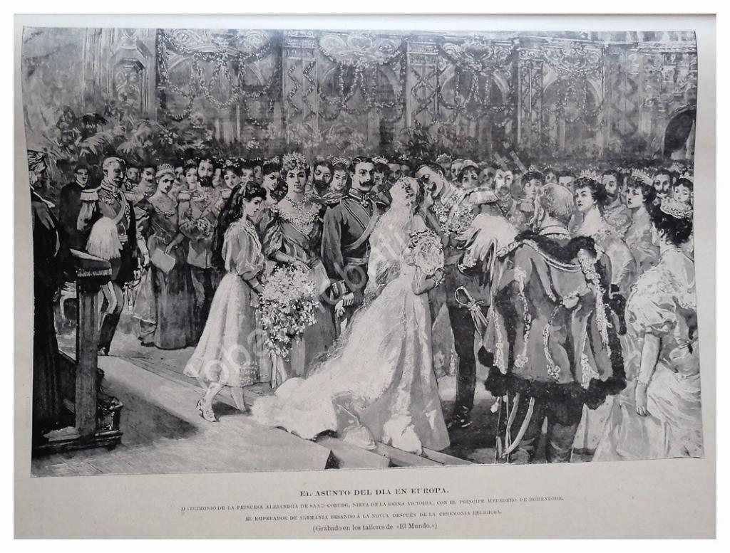 GRABADO ANTIGUO 1896 BODA DE ALEJANDRA SAXE-COBURG