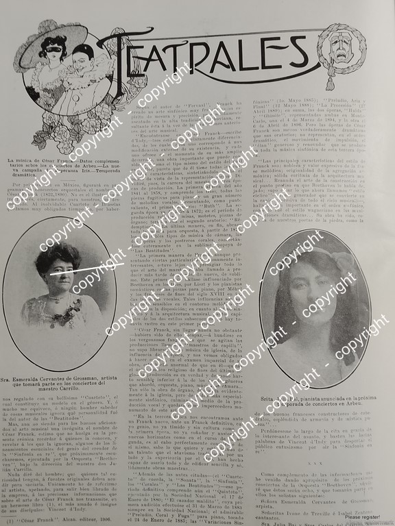 AFICHE ANTIGUO. NOTA. PIANISTAS JULIA BAL DE ZUÑIGA Y ESMERALDA CERVANTES 1912 MUSICOS
