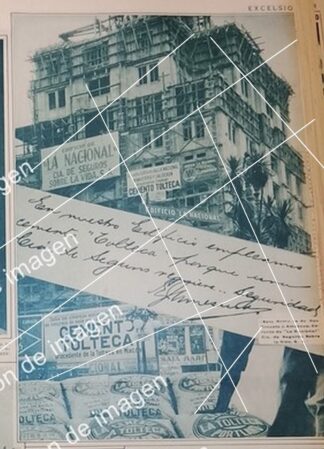 AFICHE ANTIGUO. CEMENTO TOLTECA CONTRUCCION DEL PRIMER RASCACIELOS 1932 SEGUROS LA NACIONAL
