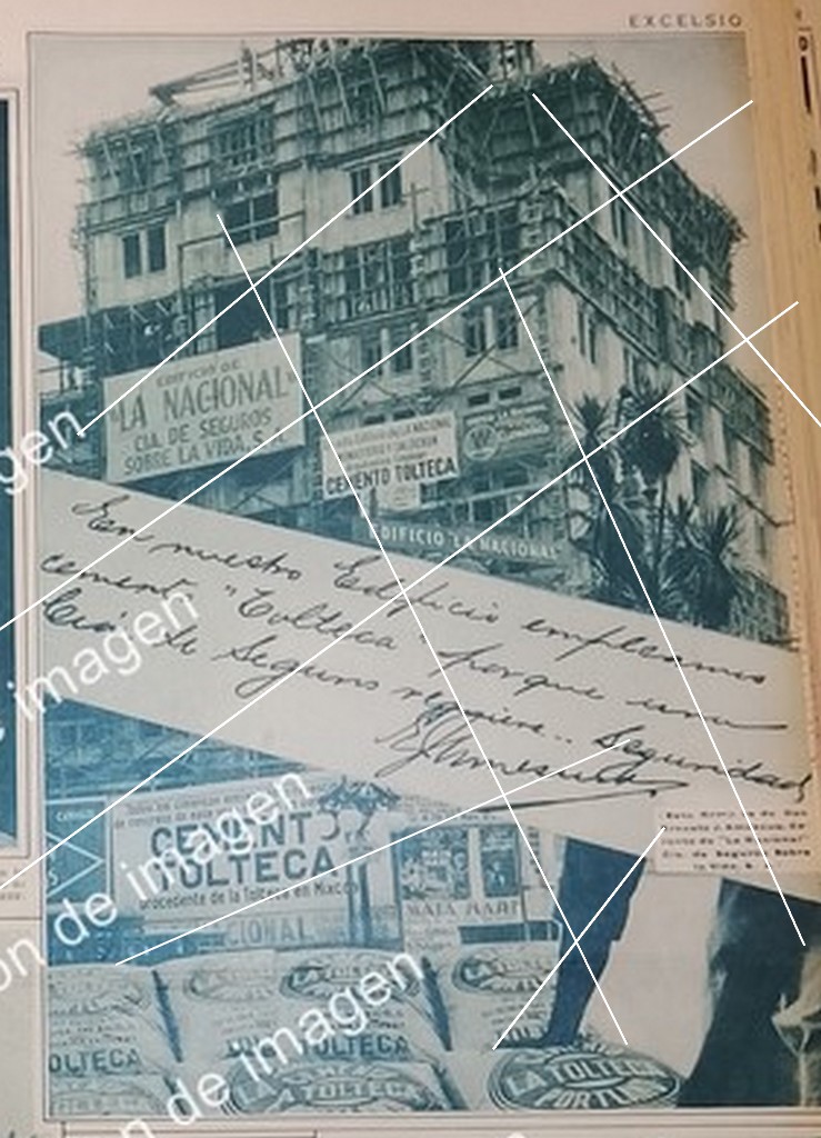 AFICHE ANTIGUO. CEMENTO TOLTECA CONTRUCCION DEL PRIMER RASCACIELOS 1932 SEGUROS LA NACIONAL