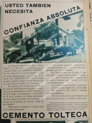 AFICHE ANTIGUO. CEMENTOS TOLTECA Y LUZ Y FUERZA 1932
