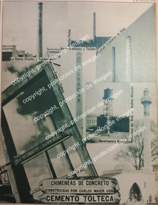 AFICHE ANTIGUO. CEMENTO TOLTECA Y LAS CHIMENEAS DE CARLOS MAIER CON 1933