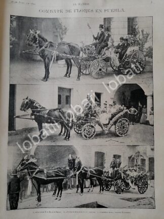 GRABADO ANTIGUO 1895 DESFILE FLORAL, PUEBLA. RAMON SESMA, LEOPOLDO GAVITO. ASM