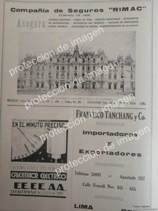 AFICHE ANTIGUO, SEGUROS RIMAC, CIA. PERUANA DE CAPORES Y MAS 1936