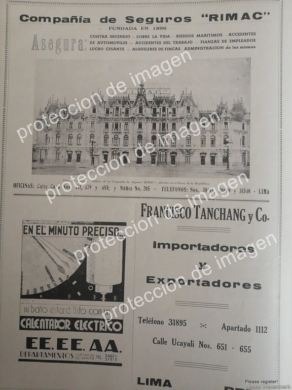 AFICHE ANTIGUO, SEGUROS RIMAC, CIA. PERUANA DE CAPORES Y MAS 1936
