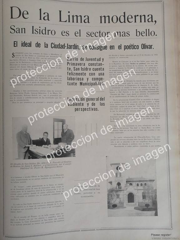 AFICHE ANTIGUO, ALFREDO C. PARODI Y OBRAS EN SAN ISIDRO, LIMA, PERU 1936