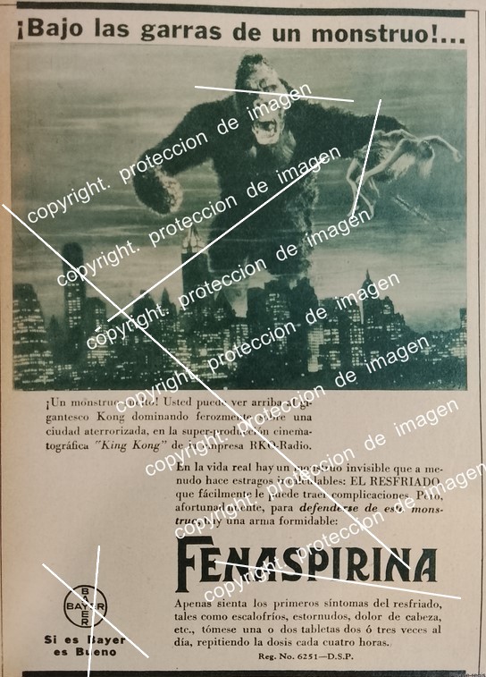 AFICHE ANTIGUO, FENASPIRINA DE BAYER Y ESTRENO DE LA PELICULA KING KONG 1933 SUPER RARO