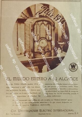 PUBLICIDAD ANTIGUA RADIO TRANSATLANTICO WESTINGHOUSE TODA ONDA, EL PRIMERO EN MEXICO 1934