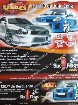 Afiche de publicidad retro. COMPETENCIA AUTOSOUND USACI 2008 SIX FLAGS MEXICO